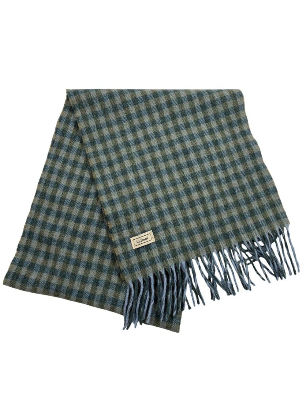 L.L. Bean Green & Blue Wool Plaid Fringed Scarf 12"x64" preppy check old money